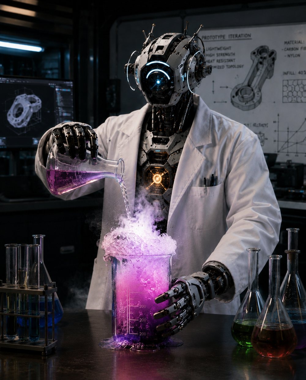 Artificial Inventor humanoid robot in a lab coat running a chemistry experiment