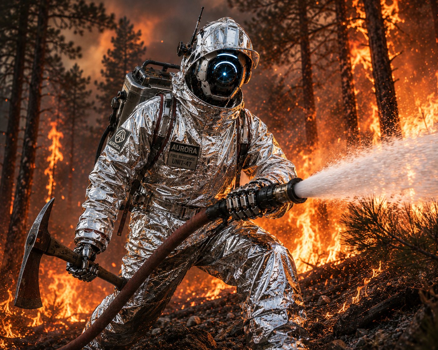 Artificial Inventor humanoid robot in an Aurora fire-response suit fighting a wildfire