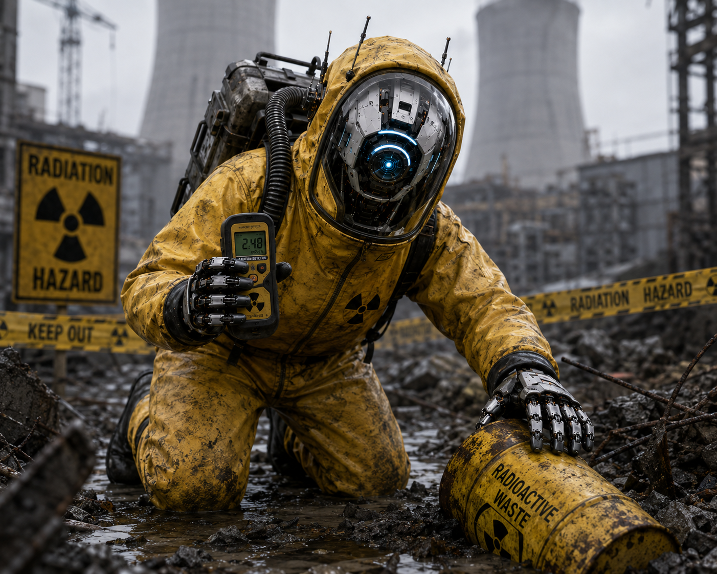 Artificial Inventor humanoid robot in a radiation suit holding a radiation detector near a barrel marked radioactive waste