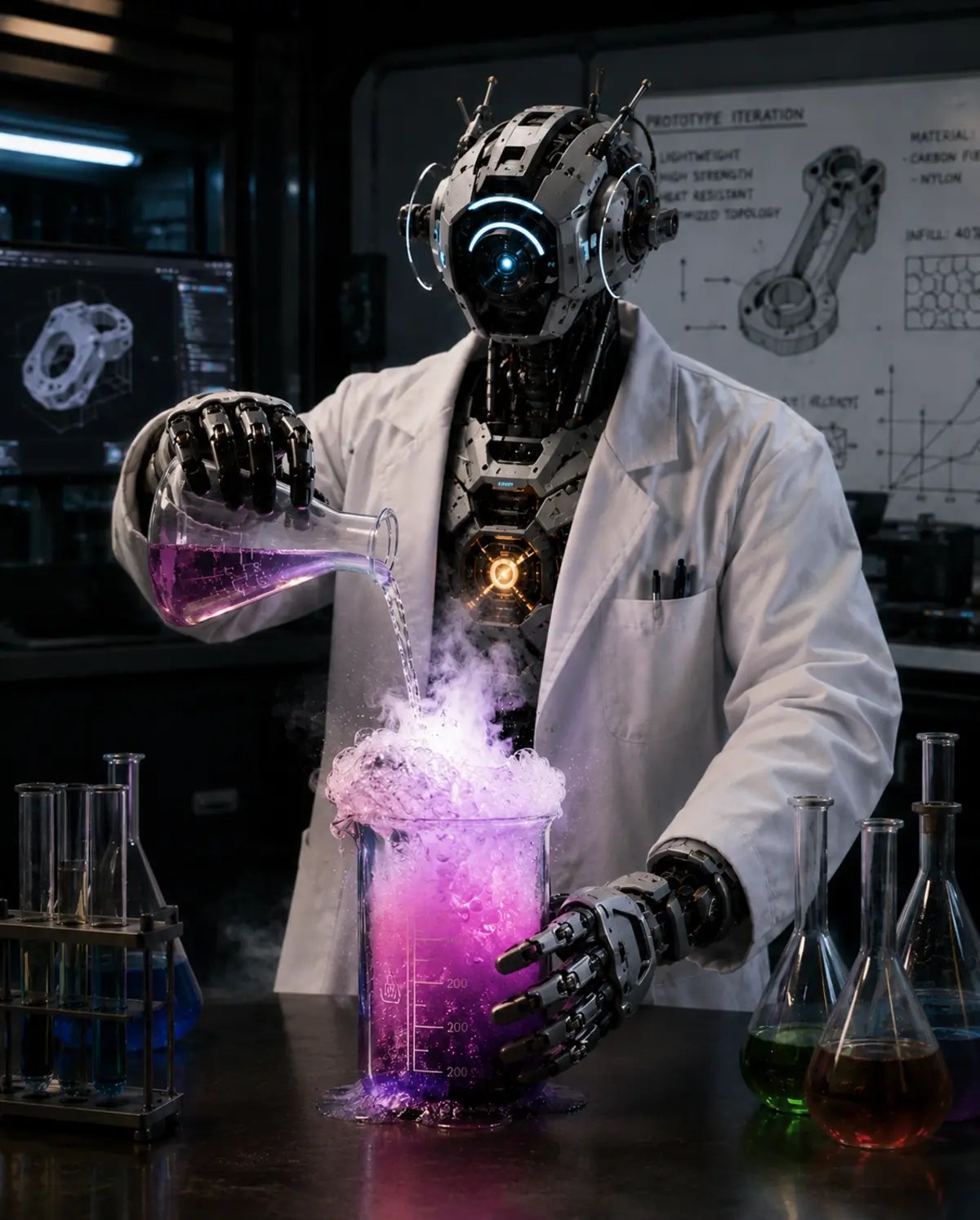 Synthetic Scientist robot pouring a reagent into a fuming beaker in a laboratory