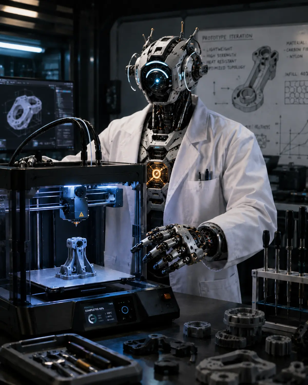 Synthetic Scientist robot supervising a 3D printer producing a topology-optimized structural bracket