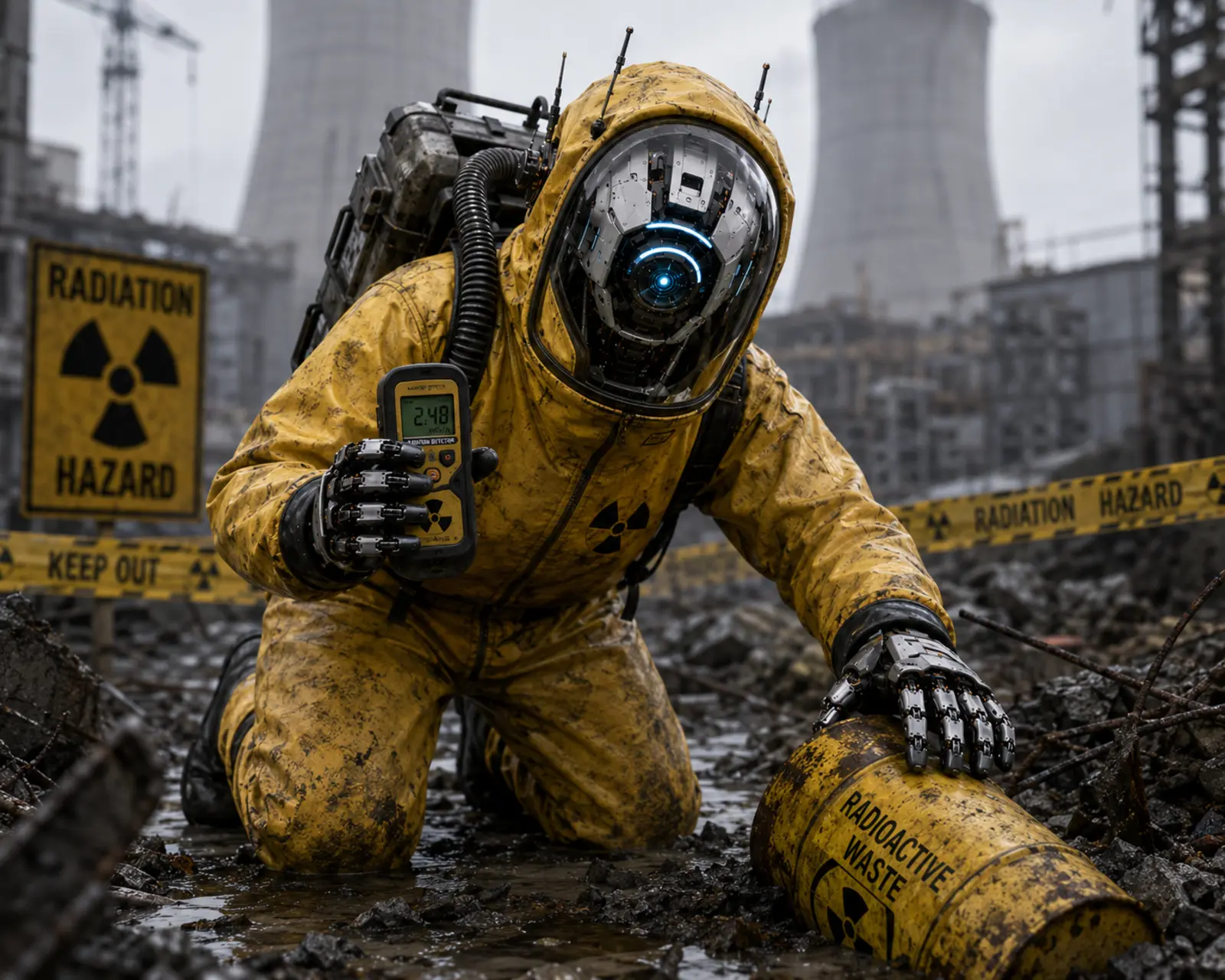 Synthetic Scientist robot kneeling in a radiation exclusion zone holding a dosimeter beside a radioactive waste drum